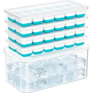 Ice Cube Tray with Lid & Bin - 4 Pack 48 Cubes Stackable Silicone Trays for Freezer with Storage Container, Leak-Proof Lids, BPA-Free, Easy Release for Kitchen, RV, Party, Cocktail & Coffee