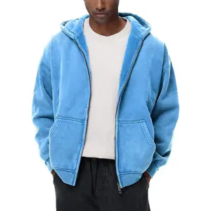 Womens Fleece Double Zip Up Hoodies Oversized Acid Wash Vintage Heavyweight Sweatshirt Hooded Jacket