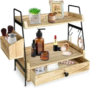 2 Tier Coffee Bar Organizer for Countertop, Coffee Station Organizer with Drawer, Wood Counter Shelf, multilayer Condiment Storage,Cup Lid Holder Countertop Shelf for Coffee Bar Accessories kitchen durable makeup multi-function bathroom