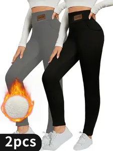 2 Pcs Autumn And Winter Brushed Lining Leggings With Pockets, Women's High-waist Fleece Yoga Pants, Warm Wear In Winter , Workout Running Tights.