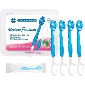 5 in 1 Mini Brushes Disposable Toothbrushes with Toothpaste + Tongue Scraper + Picks+Floss Travel Case Individually Wrapped Soft Travel Toothbursh Portable (Peppermint, 10)