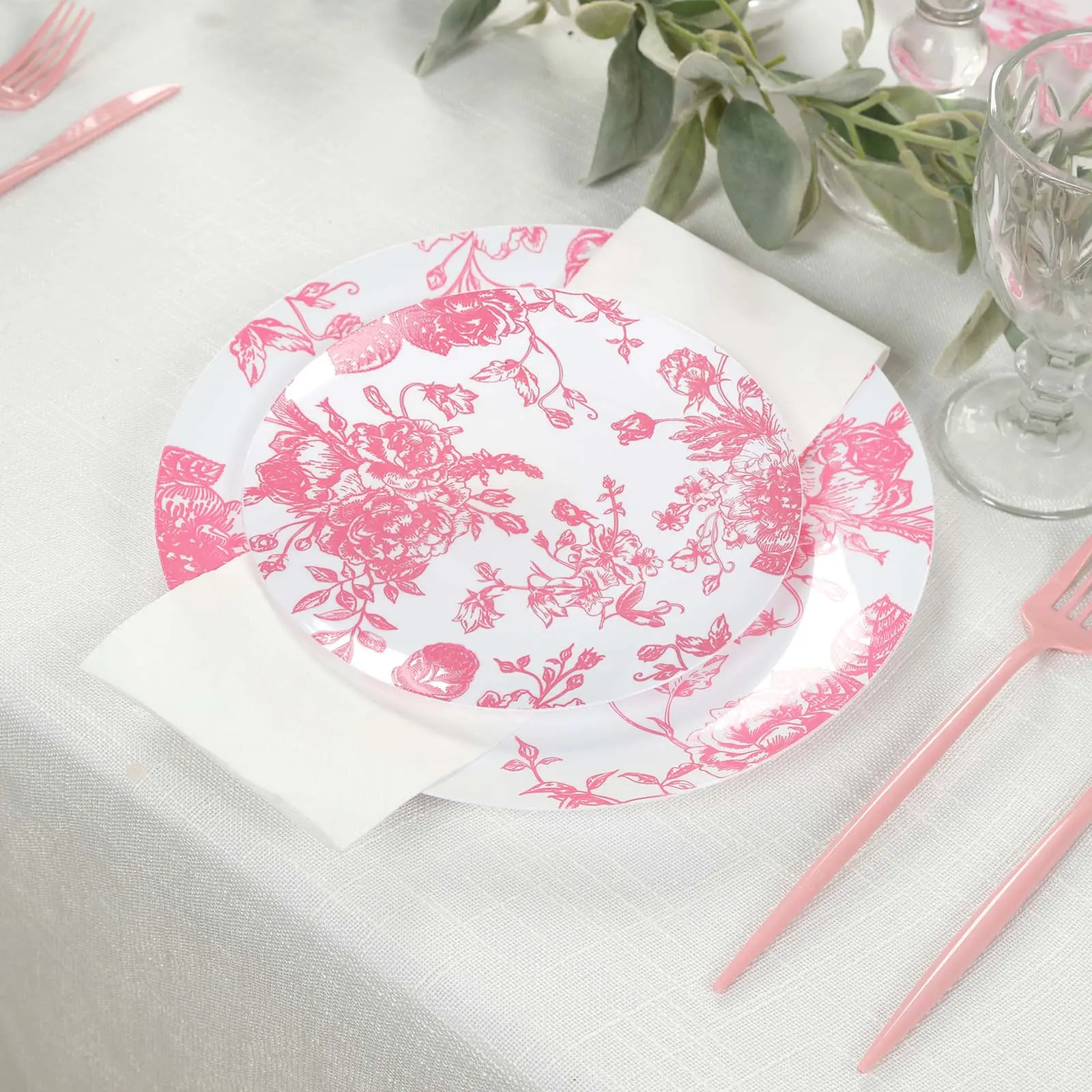 10-Pack Disposable French Toile Plastic Dessert Plates - 7" Round Pink & White Floral, Party Supplies for Weddings, Festival Events, Not Microwave or Dishwasher Safe, Wedding