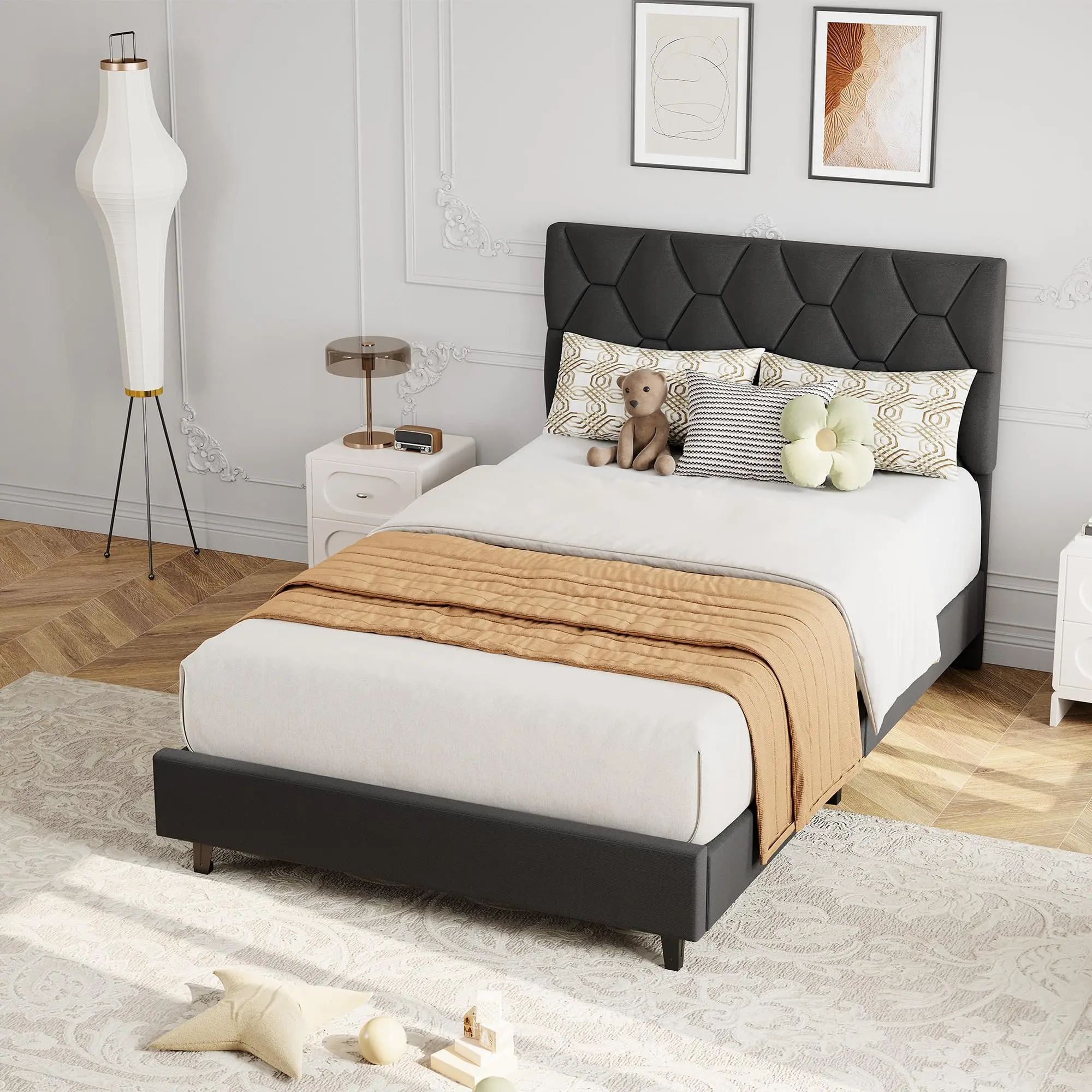 Garvee Twin Size Metal-Wood Platform Bed Frame with Rectangular Diamond Block Upholstered Headboard, Wooden Slats Support, Silent Mattress Foundation, No Box Spring Needed, Easy Setup, Gray Modern Bedroom Furniture