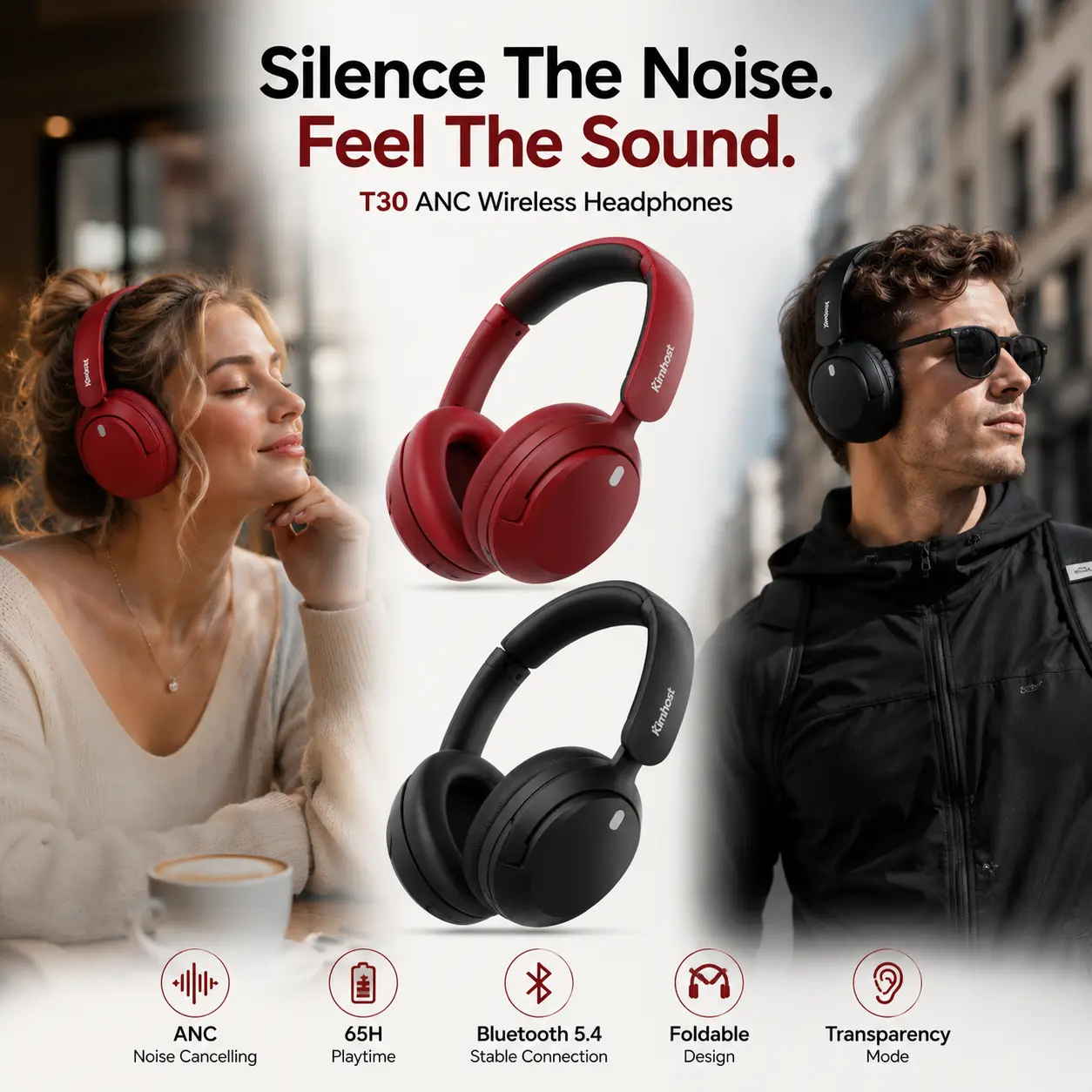 【Live】T30 Hybrid ANC Adjustable Bluetooth Wireless Headphones - Electronic Wearable Tech, 60H Playtime, Hi-Res Deep Bass, Soft Memory Foam Ear Cups, Built-in Mic, Foldable, for Travel, Work, Bluetooth Audio Wireless Headphones
