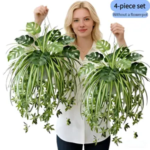 4Pcs Artificial Hanging Plants Set, Fake Spider Plant & Monstera Deliciosa, Faux Potted Greenery for Indoor Outdoor Decor, Home, Porch, Balcony, Garden, Wall, Ceiling, Wedding, Party Decorative Decoration, No Pot Included