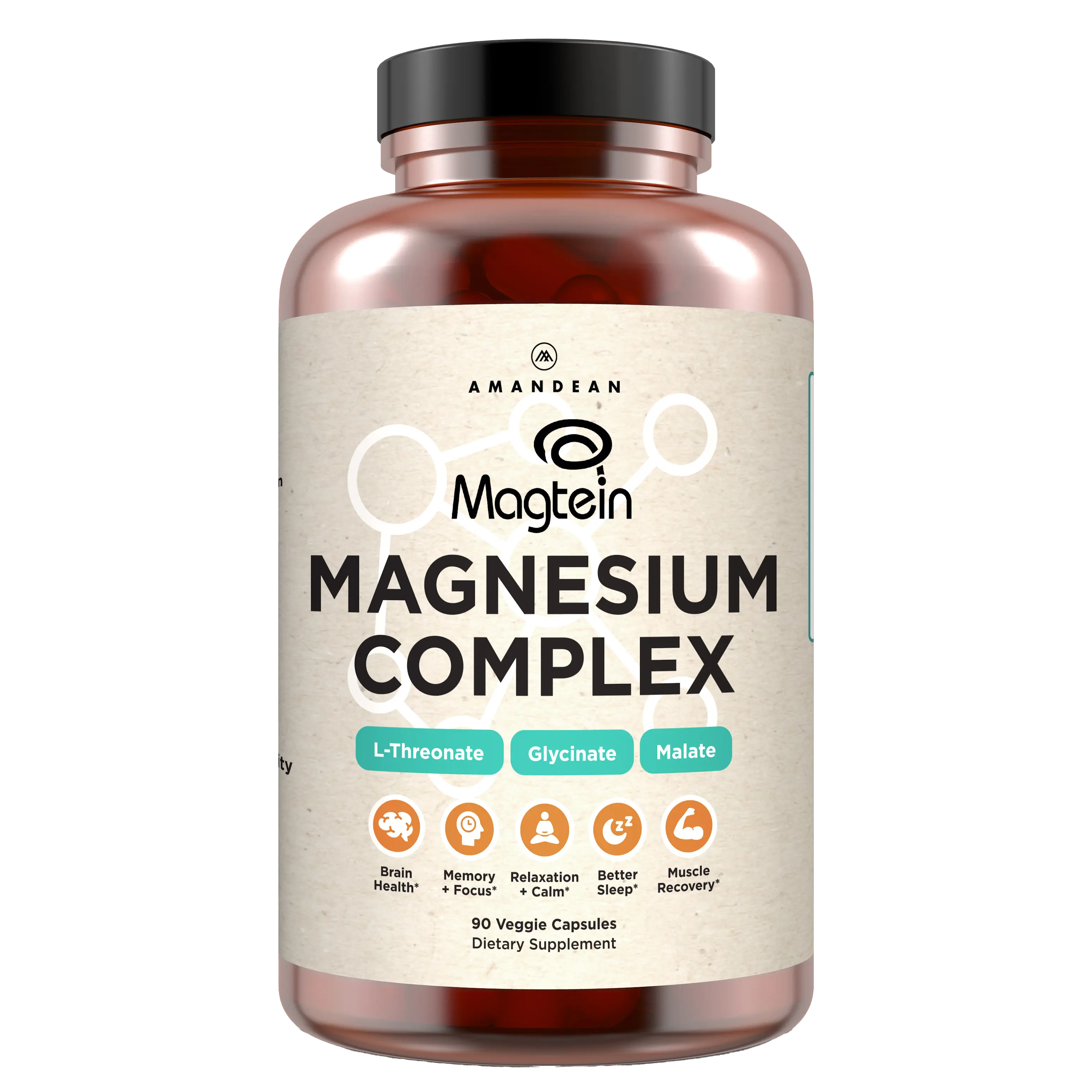 Amandean Magnesium L-Threonate Complex with Magtein, Magnesium Glycinate & Malate Nutrition Dietary Supplement, Supports Cognitive Health & Sleep
