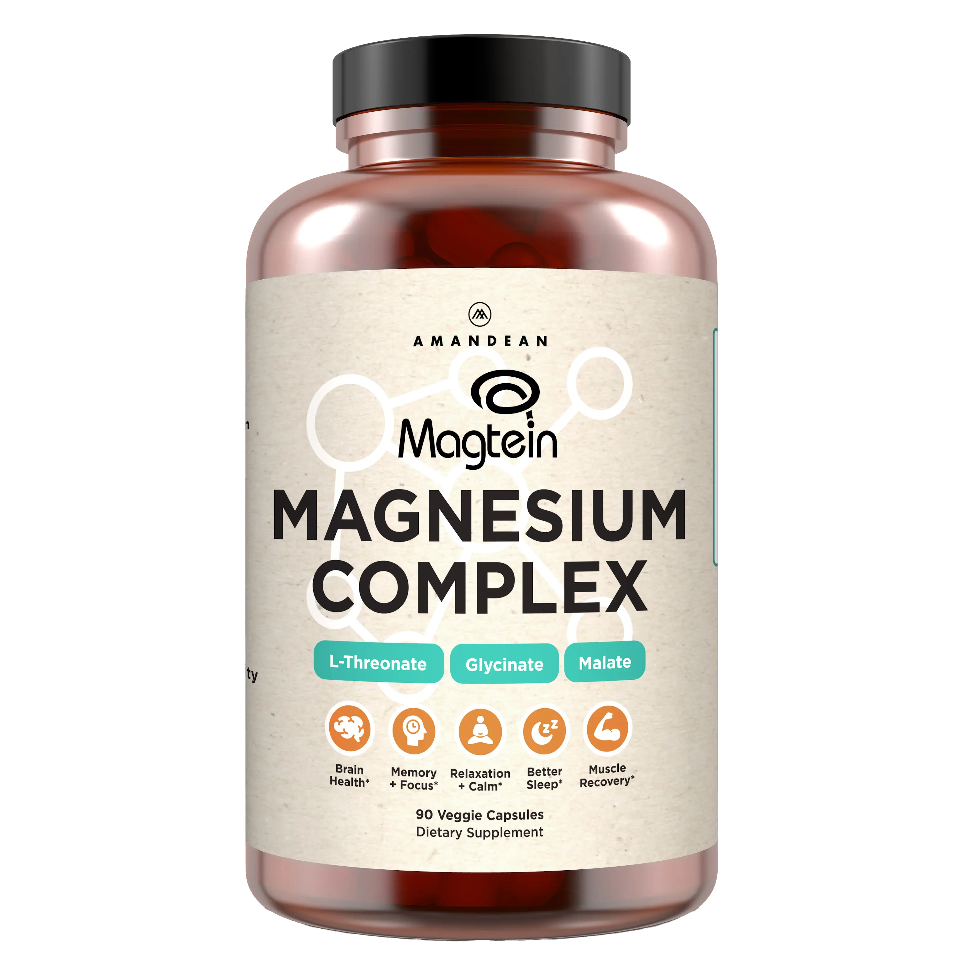 Amandean Magnesium L-Threonate Complex With Magtein, Glycinate and Malate. Dietary Supplement triple blend. Supports cognitive health, sleep, muscles!