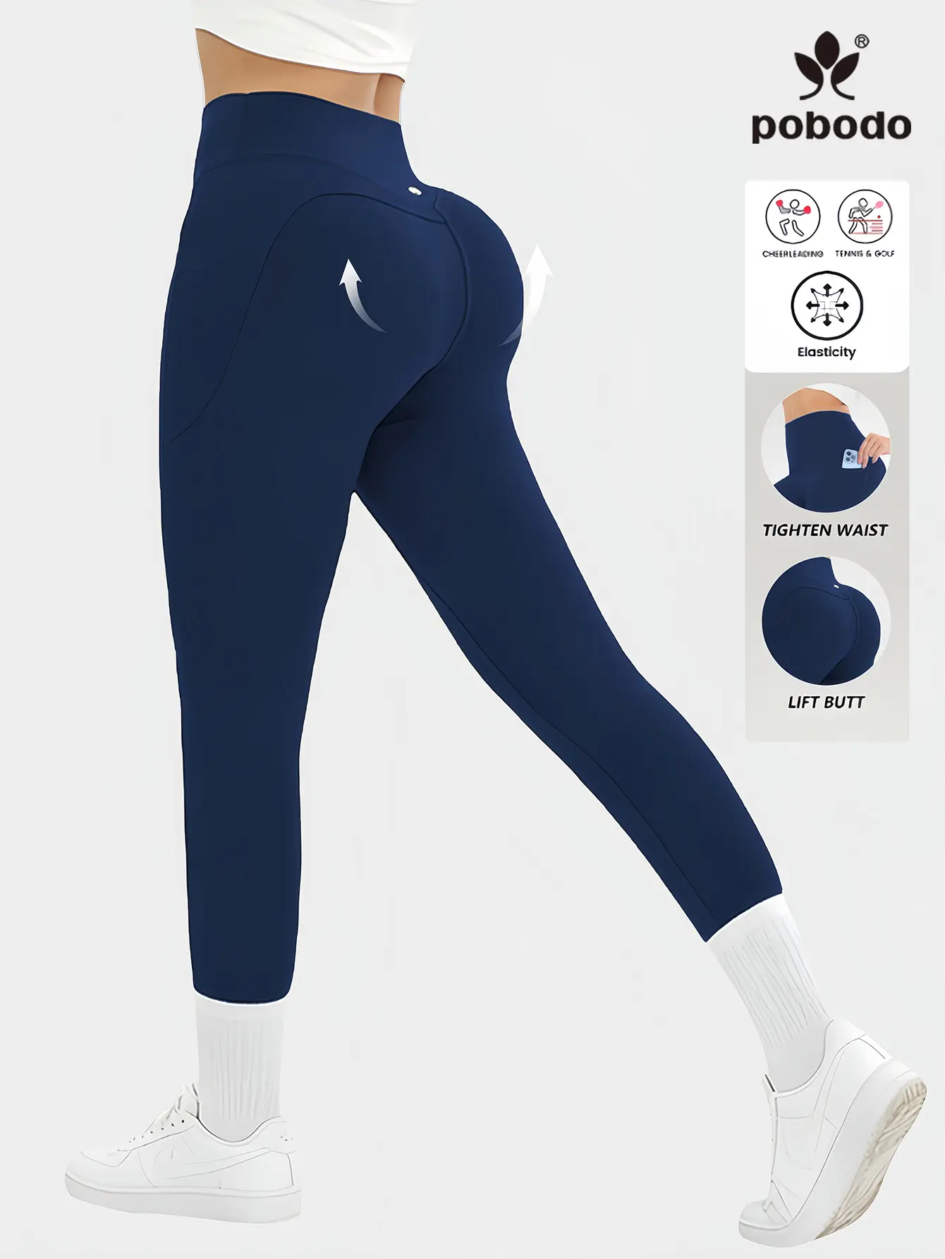 POBODO Women's High-Waist Butt-Lift Polyester Blend Leggings with Hidden Side Pockets, Tummy Control, Slim Compression, Stretch for Yoga, Gym, Daily Casual Wear, Women's Clothes, Clothes For Women