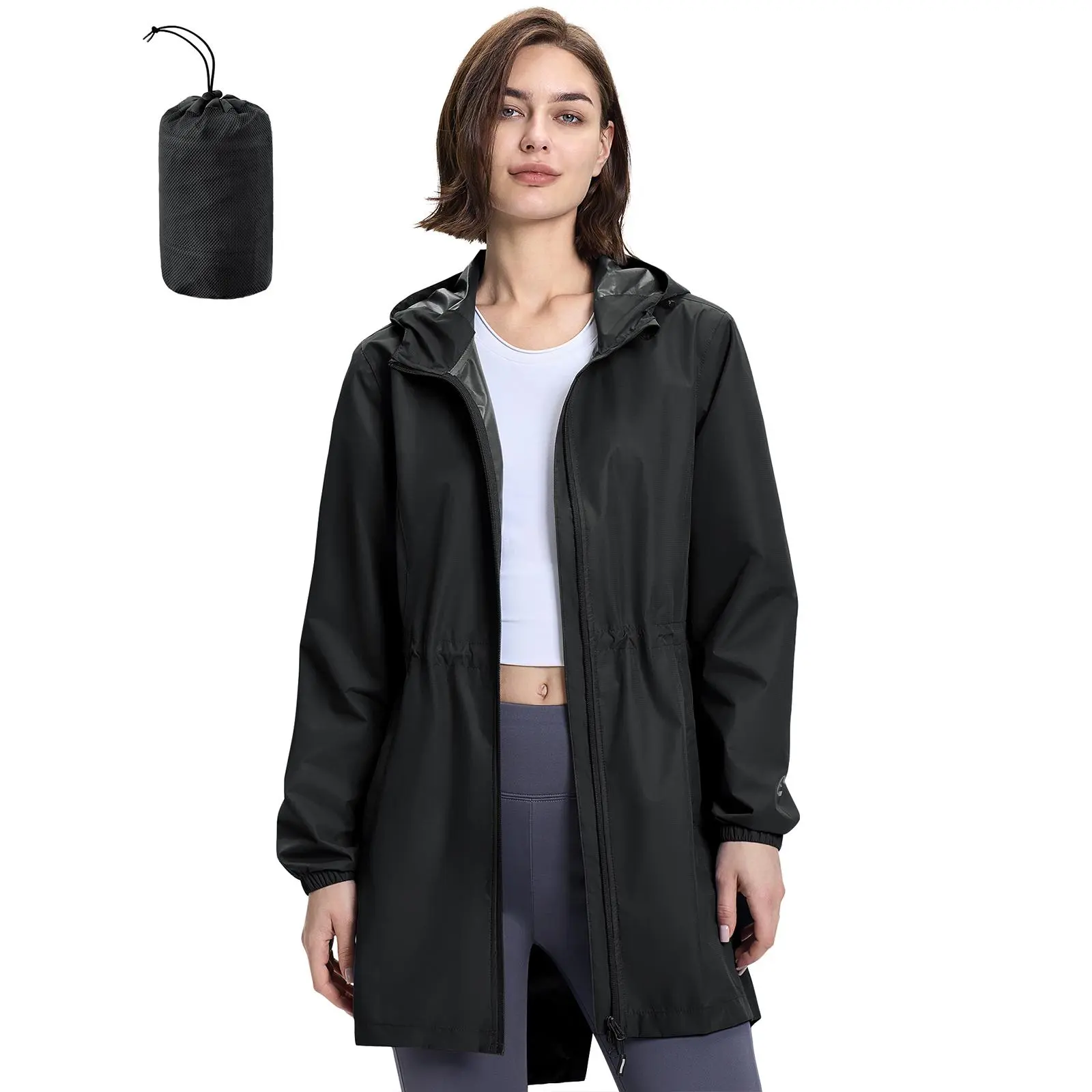 Outdoor Ventures Women's Polyester Waterproof Long-Sleeve Rain Coat - Packable, Lightweight, Windproof Hooded Trench Coat with Bag for Golf Tops, Outdoor Sports Use