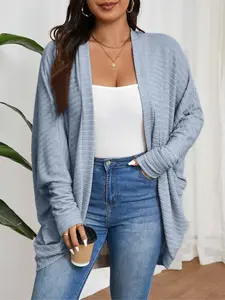 Plus Size Women's Fall Winter Casual Loose Striped Knit Cardigan Coat, Long Sleeve Drop Shoulder Sweater Jacket, Ladies Fashion Outerwear