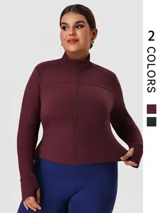 Women's Plus Size Sports Top, Elastic Long Sleeve Training Gym Wear, Thumb Hole Design, Zipper Running Fitness Jacket, Zip Up Jacket, Zip Front Jacket, Sporty Breathable Outerwear, Workout Clothes Women