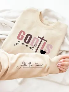 Women's Cross & Heart & Letter Print Round Neck Fitted Sweatshirt, Casual Long Sleeve Pullover for Daily Wear, Ladies Summer Clothes