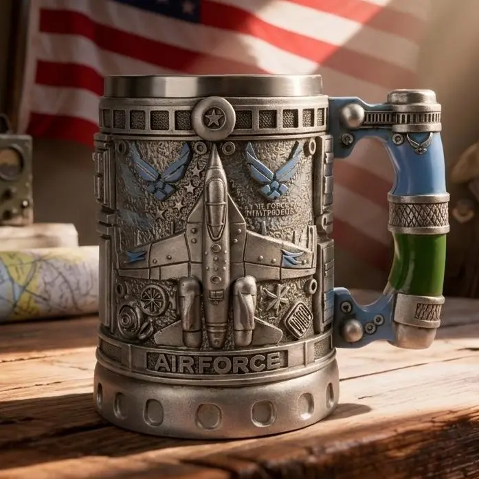US Air Force Style 3D Embossed Washable Coffee Mug, Tactical Fighter Jet Drinkware, Military Gift for Veterans & Aviation Enthusiasts