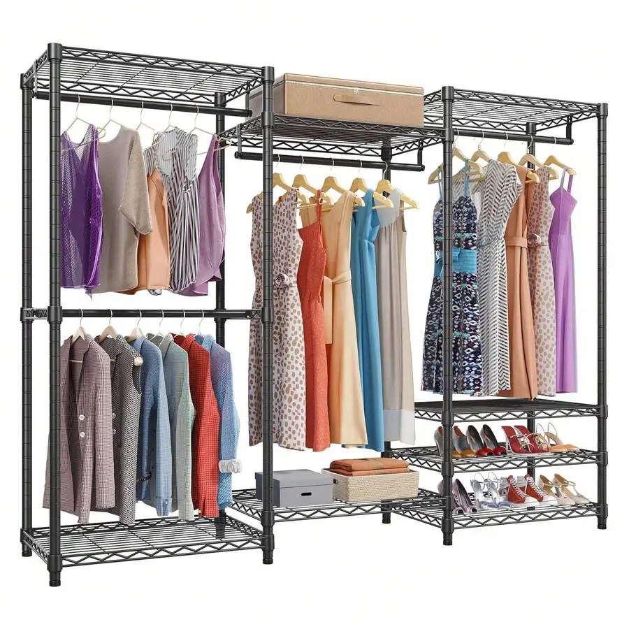 Freestanding Metal Alloy Wardrobe Clothes Organizer - Aluminium Alloy Frame, Foldable Portable Garment Rack with Adjustable Hooks, Hangers Included, 77"W x 18"D x 77"H, Alloy Frame Wardrobes, Adjustable Hooks Wardrobes