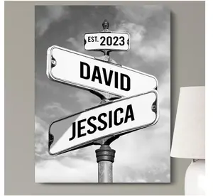 Personalized Vintage Street Sign Canvas for Couples Custom Name Date Crossroad Wall Art Wedding Anniversary Valentine’s Day Christmas Custom Poster Glossy Hand Stretched Ornaments Room Decoration