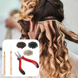 Hair Extension Kit Pliers Pulling Hook Needle Sewing Bead Device Tool and 600 Pieces Silicone Lined Micro Rings for Tinsel and Feather Hair Extensions or Removal (Black, Blonde and Brown Beads)