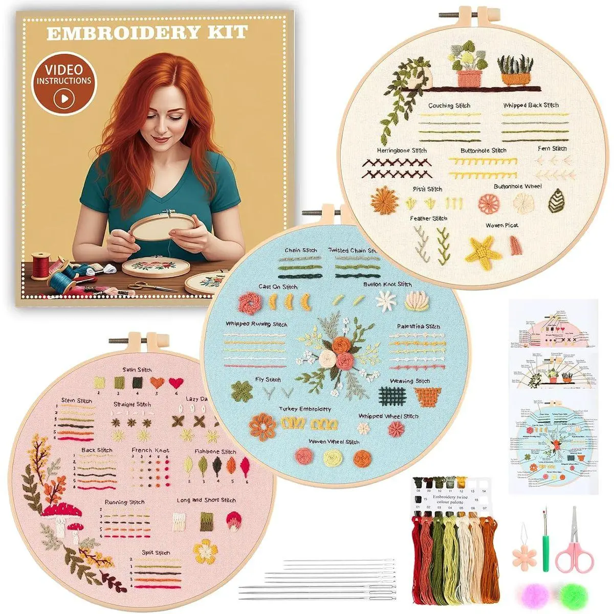 Beginner Embroidery Kit for Adults, 3 Pack Cross Stitch Kits with Pre-Printed Patterns, Threads, Needles, Learn Stitches with 7.8" Hoop, Video Tutorial, DIY Needlework Craft Gift for Women