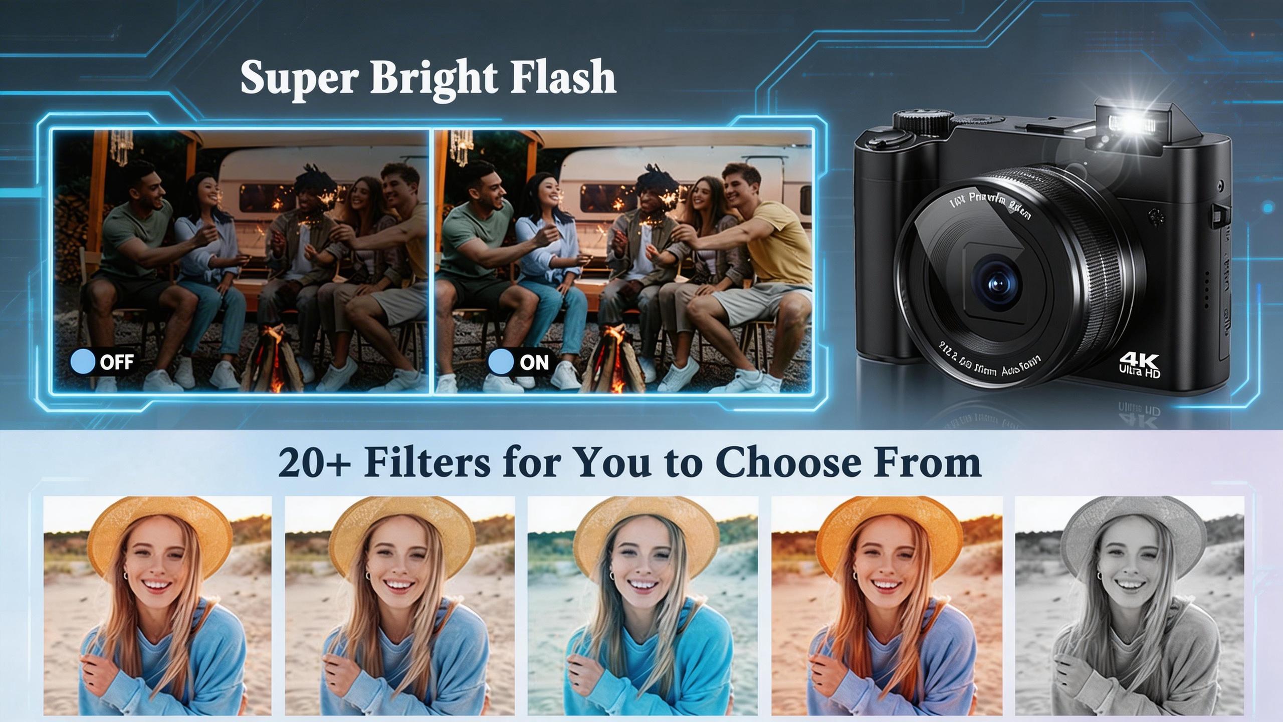 CAMKORY 4K Digital Camera for Vlogging, 64MP Front and Rear Dual Lens, Autofocus Anti-Shake, 3" Tiltable Selfie Screen, Pop-Up Flash, 16X Zoom, with Charging Cradle & 2 Batteries CAMKORY 4K Digital Camera for Vlogging, 64MP Front and Rear Dual Lens, Autofocus Anti-Shake, 3" Tiltable Selfie Screen, Pop-Up Flash, 16X Zoom, with Charging Cradle & 2 Batteries