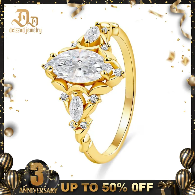 Delzzad S925 1ct Vintage Marquise Cut Engagement Ring Synthetic Moissanite Ring Jewelry Perfect Birthday Engagement Wedding Anniversary Christmas Gift