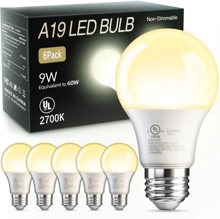 6-Pack Classic Shape A19 LED Bulbs, E26 Standard Base, 2700K Soft Warm White, 60W Equivalent, Low Heat Energy-Efficient, Indoor Use for Home, Bedroom Lighting