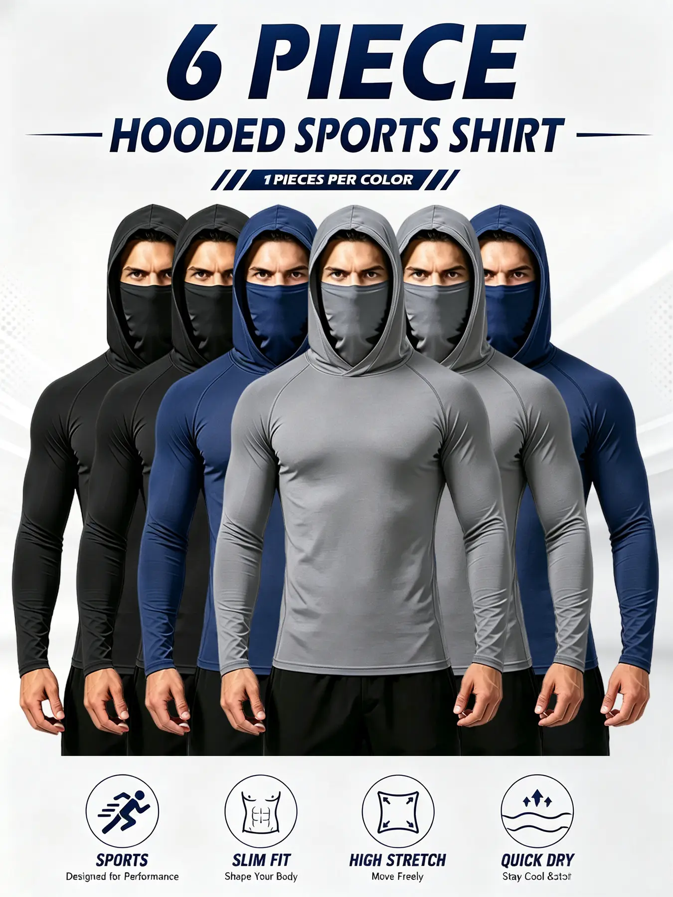 Men's 6-Piece Outdoor Work Sun Protection Set - Solid, Lightweight, Stretch Performance Shirts with Sun-Blocking Hoodie, Built-In Face Mask, Neck Guard, Breathable Long Sleeves, Machine Washable, Activewear Men's Long-Sleeve T-Shirts, Cooling Clothing, Hi