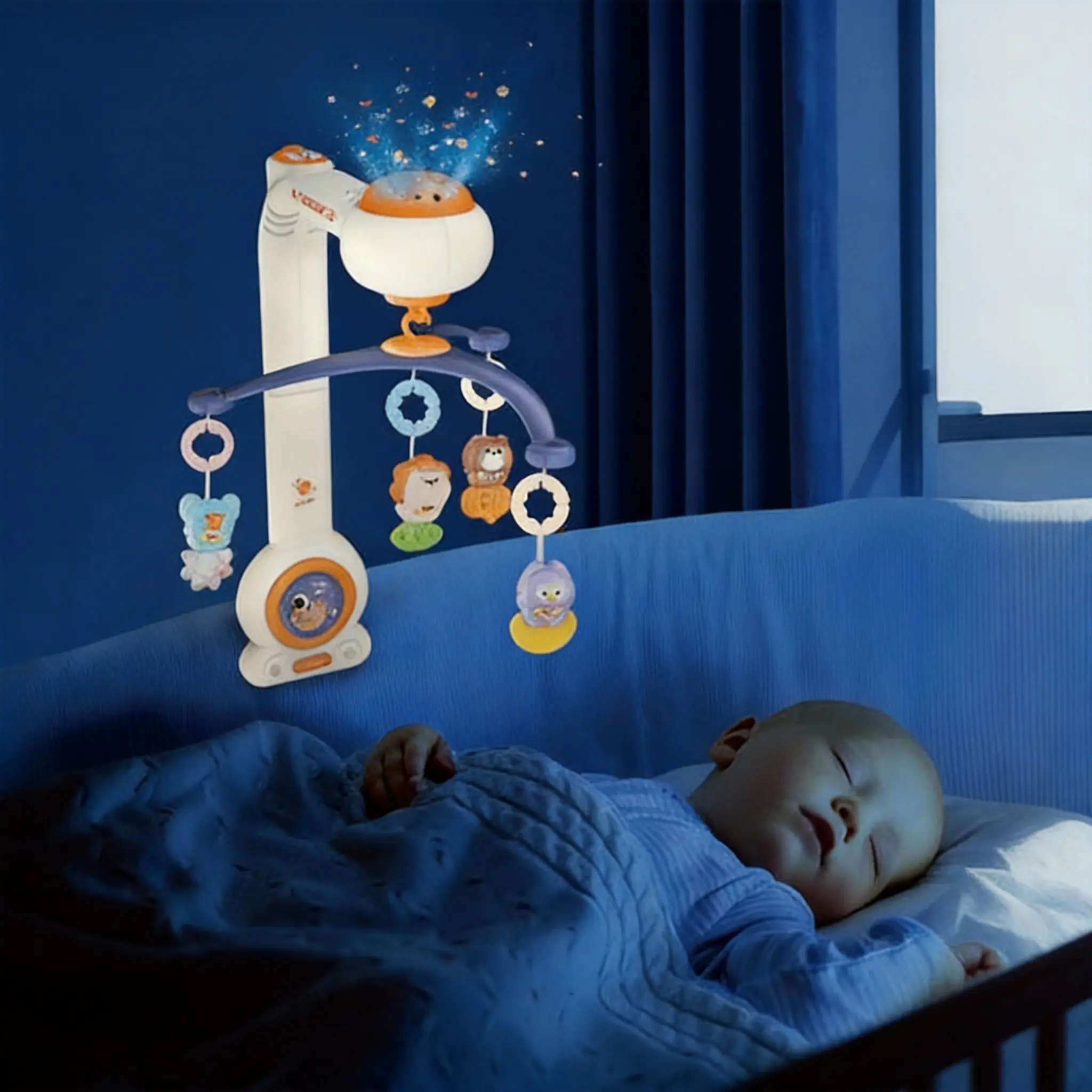 Baby Newborn Crib Mobile music education toy,Star projector with music and lights, 360° rotation,Helps baby sleep,Detachable Decorative Hanging Piece