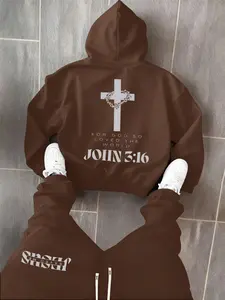 Men's 2-Piece Long Sleeve Hoodie and Pants Set, Menswear with Trendy American Street Style, Letter and Cross Prints, Slight Stretch, Delicate Pockets, Fashionable Casual Outfit