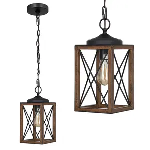 EDISHINE Farmhouse Electric Lantern, Metal Hanging Light Fixture with Wooden Grain Finish, 63-in Adjustable Chain for Flat/Slop Ceilings, E26 Base, 1 Pack (Ideal for Kitchen Island, Dining Hall)