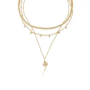 West Palm Layered Necklace – 18K Gold Plated Multi-Strand Palm Pendant Necklace with CZ Accents, Vacation Statement Jewelry for Women