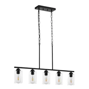 VEVOR 5-Light Kitchen Island Pendant Lights, 60W, Adjustable Dining Room Light Fixture with Clear Glass Lampshade 4 Rods 2 Metal Chains, Metal Frame Farmhouse Linear Chandeliers for Dining Room, E26VEVOR Super Brand Day