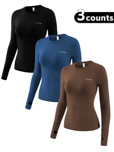 Women's Letter Print Thumb Hole Design Sports Tee, Quick Drying Breathable Round Neck Long Sleeve T-shirt for Gym Workout Running, Ladies Sportswear for All Seasons