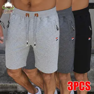3 Pack men's summer cotton casual sports shorts, featuring breathable fabric and zippered pockets, ideal for beach trips, outdoor excursions, and daily commuting