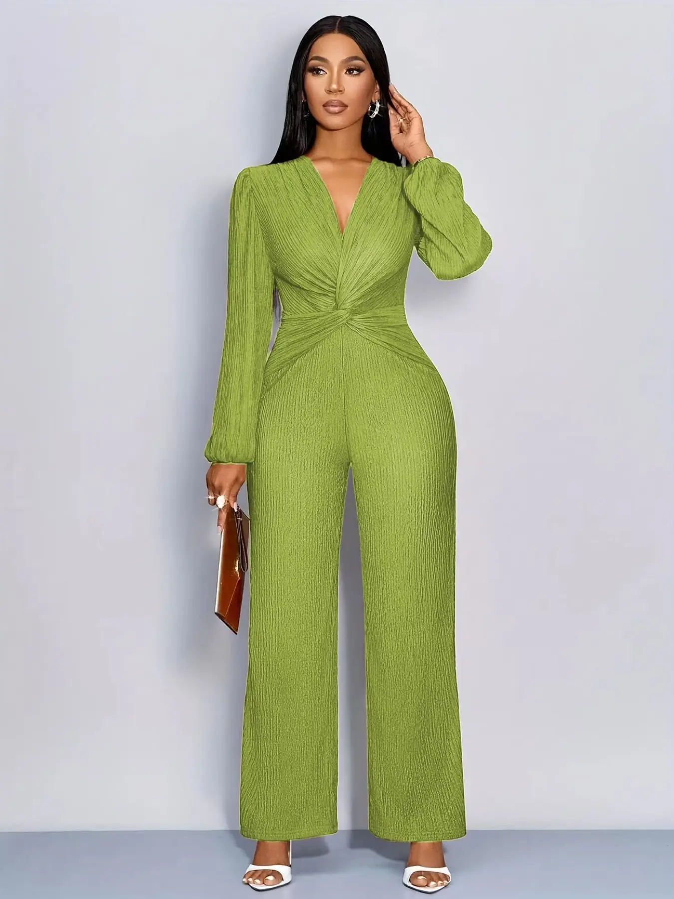 Elegant Deep V Knot Jumpsuit, Waist Cinching Design, Lantern Balloon Sleeve Wide Leg Pants, Casual Chic Style, Women's Fashion, Elegance, Womenswear, Long Sleeve, Lady