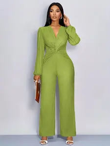Elegant Deep V Knot Jumpsuit, Waist Cinching Design, Lantern Sleeve Wide Leg Pants, Casual Chic Style, Women's Fashion, Elegance, Womenswear, Long Sleeve