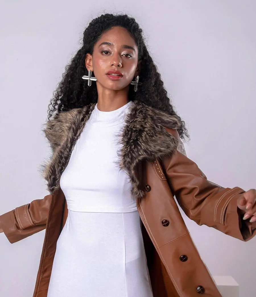 ROYAL JULEP BROWN LONG LEATHER COAT WITH FAUX FUR LINING