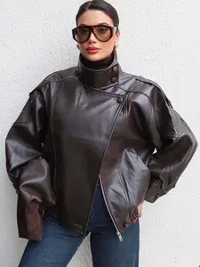Woman's Faux Leather Jackets Black Long Sleeve Jackets Loose Asymmetric Button Pocket Windbreaker Coat For Women 2026 Spring New In Coats And Jackets Street Style Casual Female Zipper Bomber Motorcycle Jacket Womenswear Outerwear