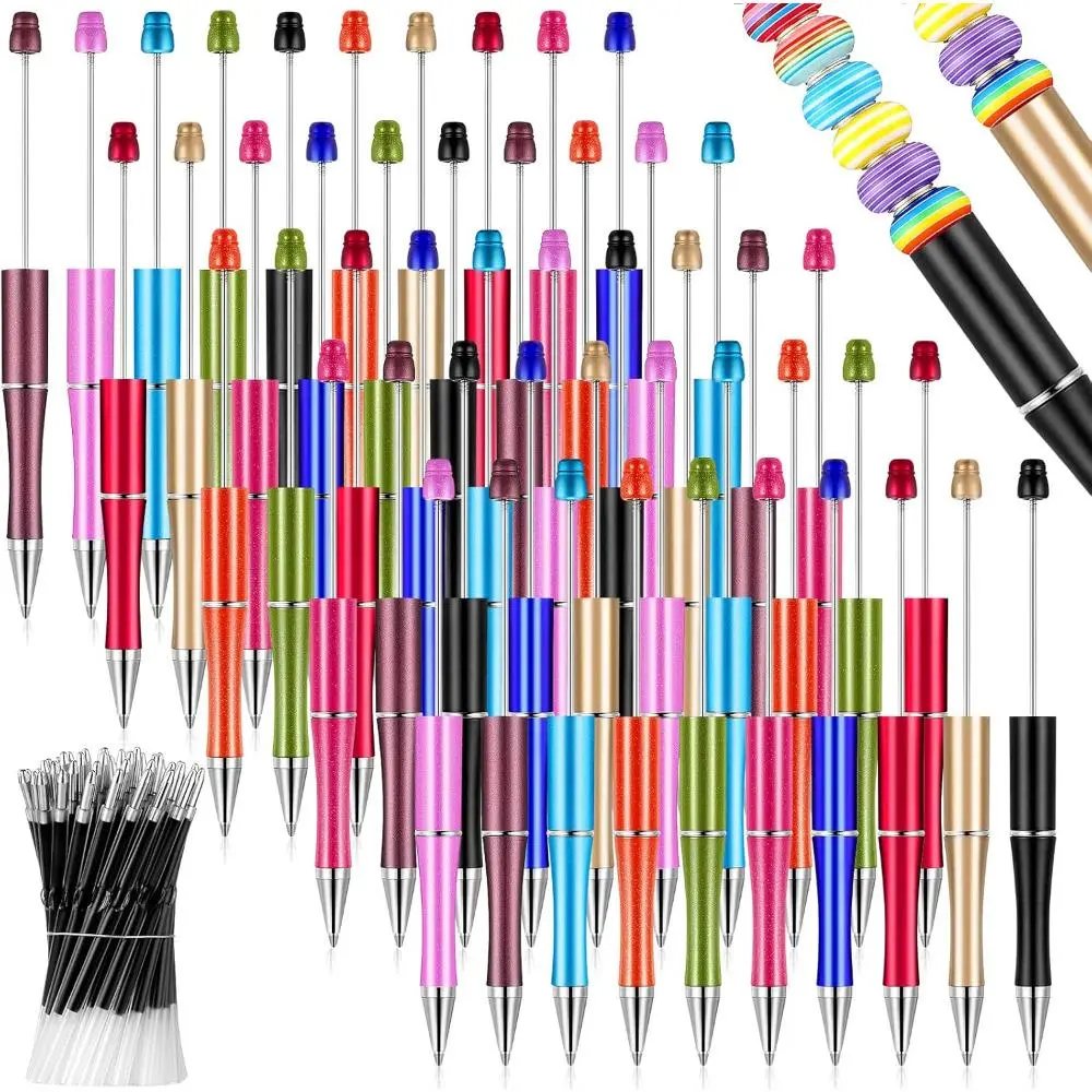 50 Pcs Plastic Beadable Pen Bulk Kit 50 Bead Ballpoint Shaft Black Ink Beaded Pens with 50 Refills for DIY Making Christmas Holiday Gift for Youngers Student Office