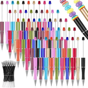 50 Pcs Plastic Beadable Pen Bulk Kit 50 Bead Ballpoint Shaft Black Ink Beaded Pens with 50 Refills for DIY Making Christmas Holiday Gift for Youngers Student Office