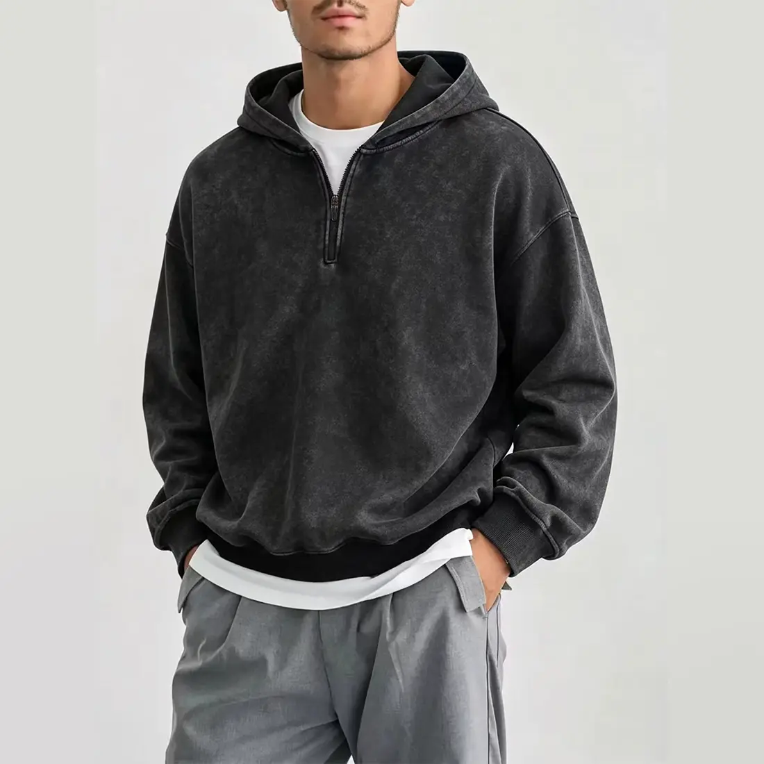 Men’s washed half-zip hoodie sweatshirt (black/green/dark gray/coffee), color options available; autumn streetwear, men’s everyday casual wear, suitable for various occasions. sohochic