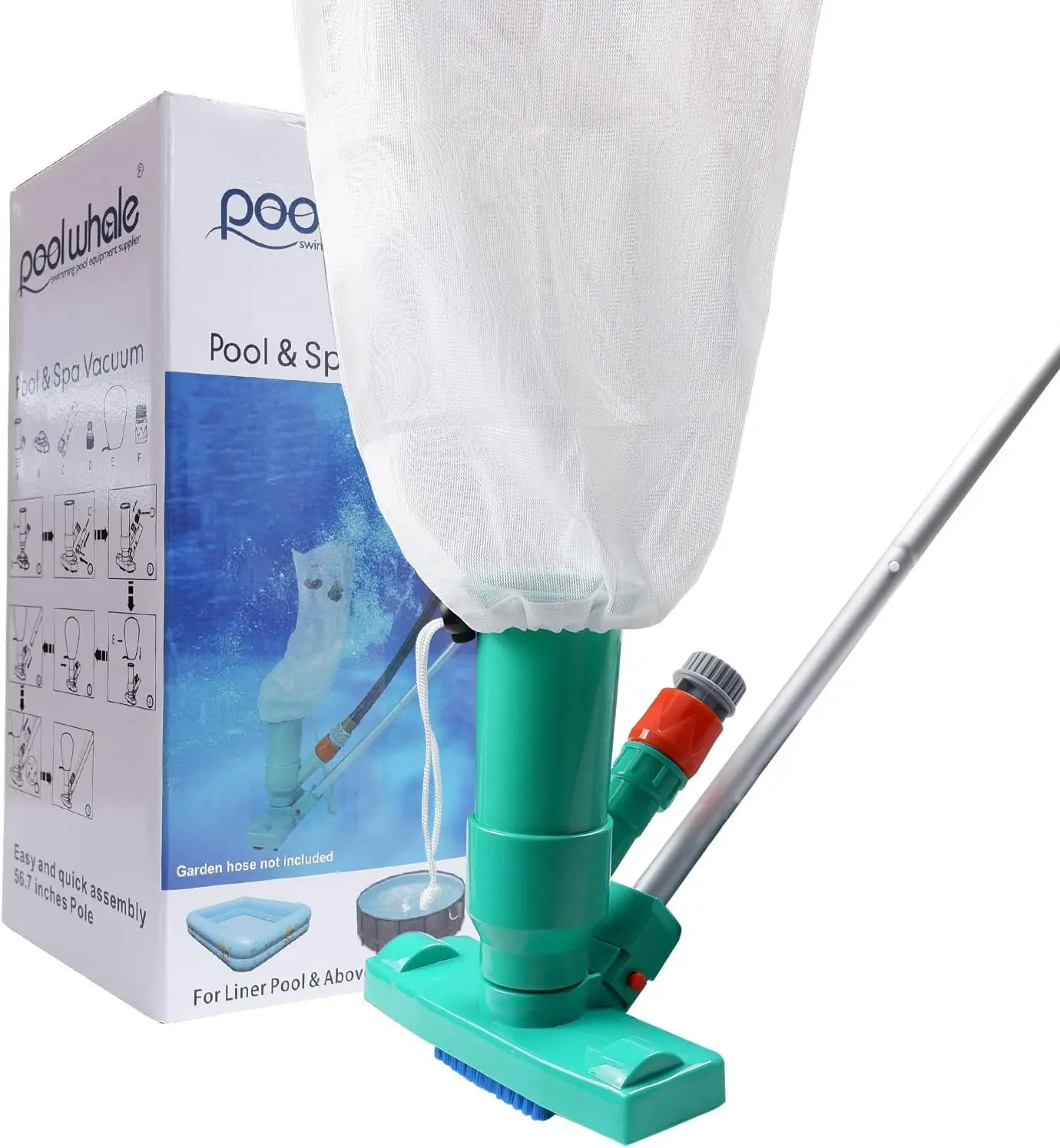 POOLWHALE Handheld Portable Jet Underwater Vacuum, Pool Cleaning Equipment with Brush, Collection Bag, 56.5" 6-Section Pole - No Garden Hose Included, for Above Ground Pools & Spas, Swimming Pool Accessories