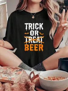 100% pure cotton Trick Or Treat Funny Halloween Beer Drinking T-Shirt printed t-shirts for women