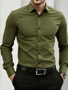 Men's Stylish Solid Military Long Sleeve Shirt, Casual and Formal Wear for All Seasons, Breathable Button-Down Shirt