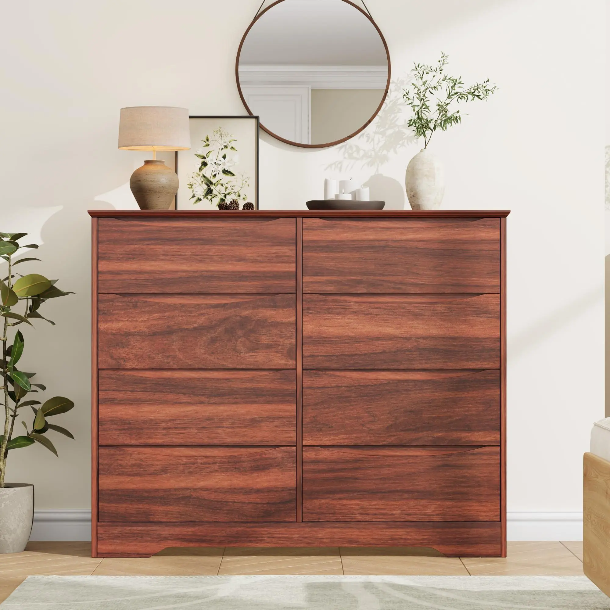 Red Walnut Wooden Dresser - 8-Drawer Modern Tall Single Unit with Deep Storage, Wide Top, Wide Base, Chest Drawers for Bedroom, Living Room