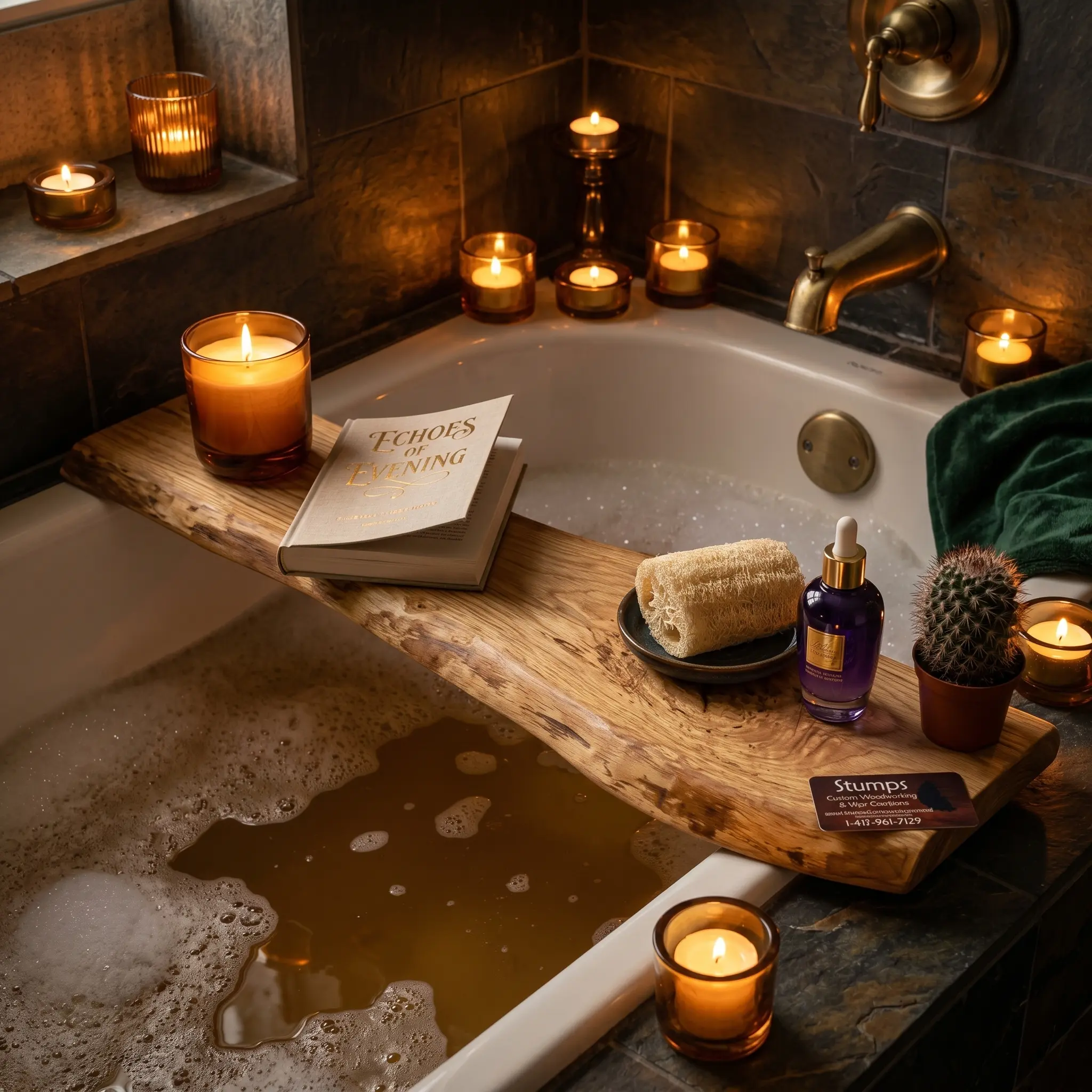 Spalted Wood Hardwood Bathtub Tray - Rustic Handmade Bathroom Organizing Accessories, 1in Thick, 29-60in Custom Sizes & Thickness Available, Dark Contrasting Lines, Food-Safe Durable Finish, Self-Care Gift for Nature Enthusiasts