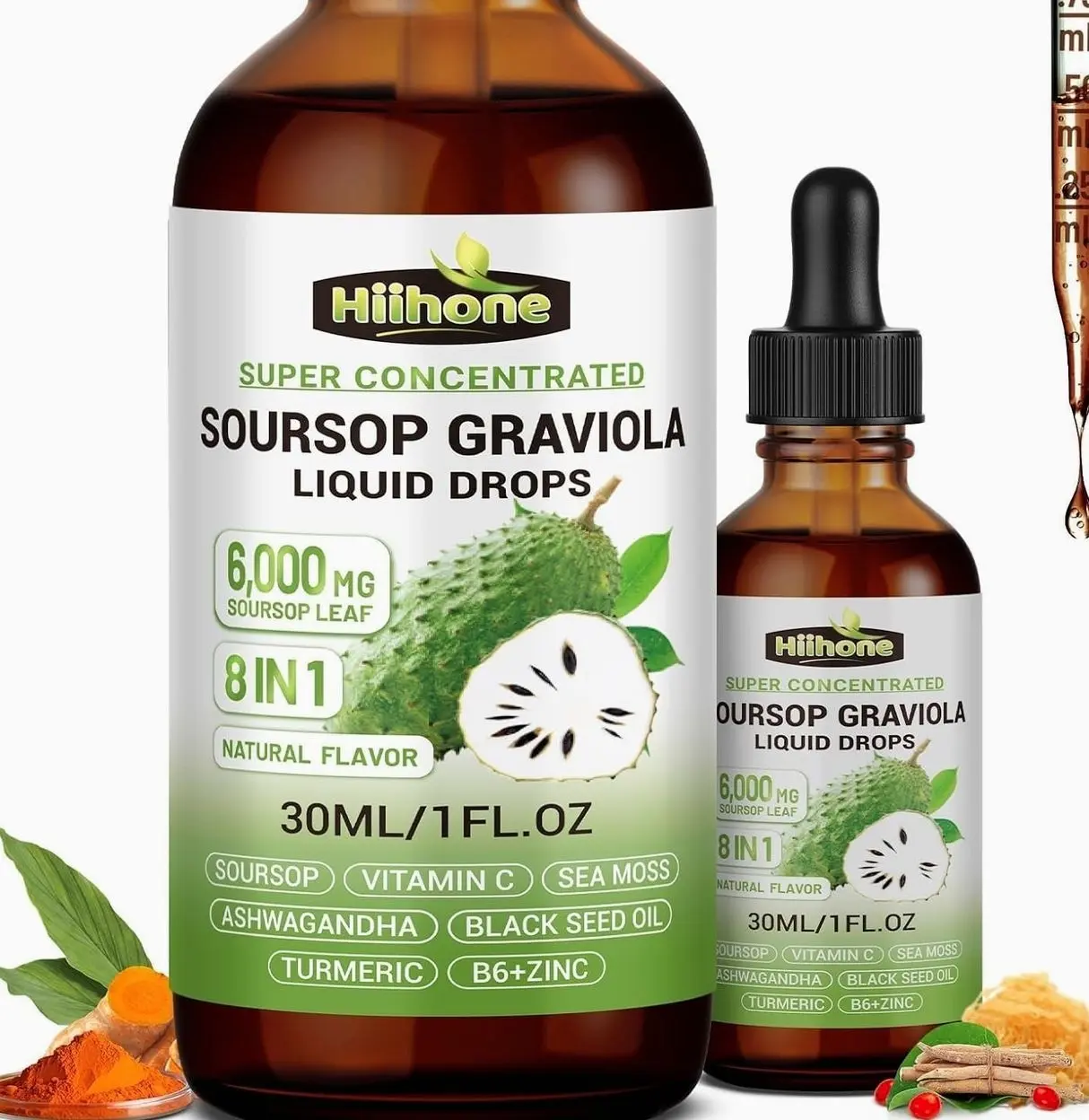(2 Pack) 8 in 1 Graviola Soursop Leaf Extract Liquid - Soursop Bitters Liquid with Sea Moss, Ashwagandha and Turmeric, for Immune & Liver, Zzz & Antioxidant & Cell Support,1 Fl Oz
