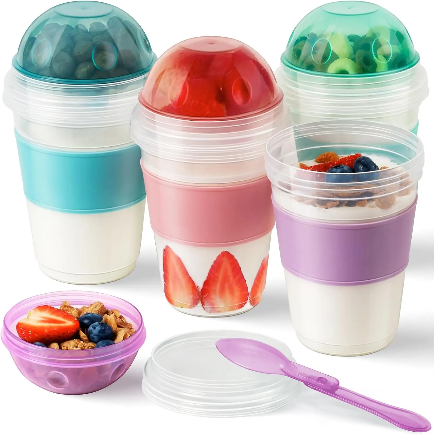 4 Pack Reusable Kitchen Plastic Yogurt Parfait Cups with Lids - 16 oz Main Containers, 4 oz Topping Compartment, Folding Utensils, Microwave-Safe for Meal Prep, On-the-Go Breakfast, Overnight Oats, Maintains Freshness