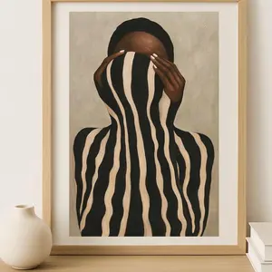Abstract Zebra Stripes Wall Art | Minimalist Afrocentric Woman Portrait Print | Neutral Modern Interior Poster | 5 Sizes (8x12–27x40 inch) | Room Decor, Unframed