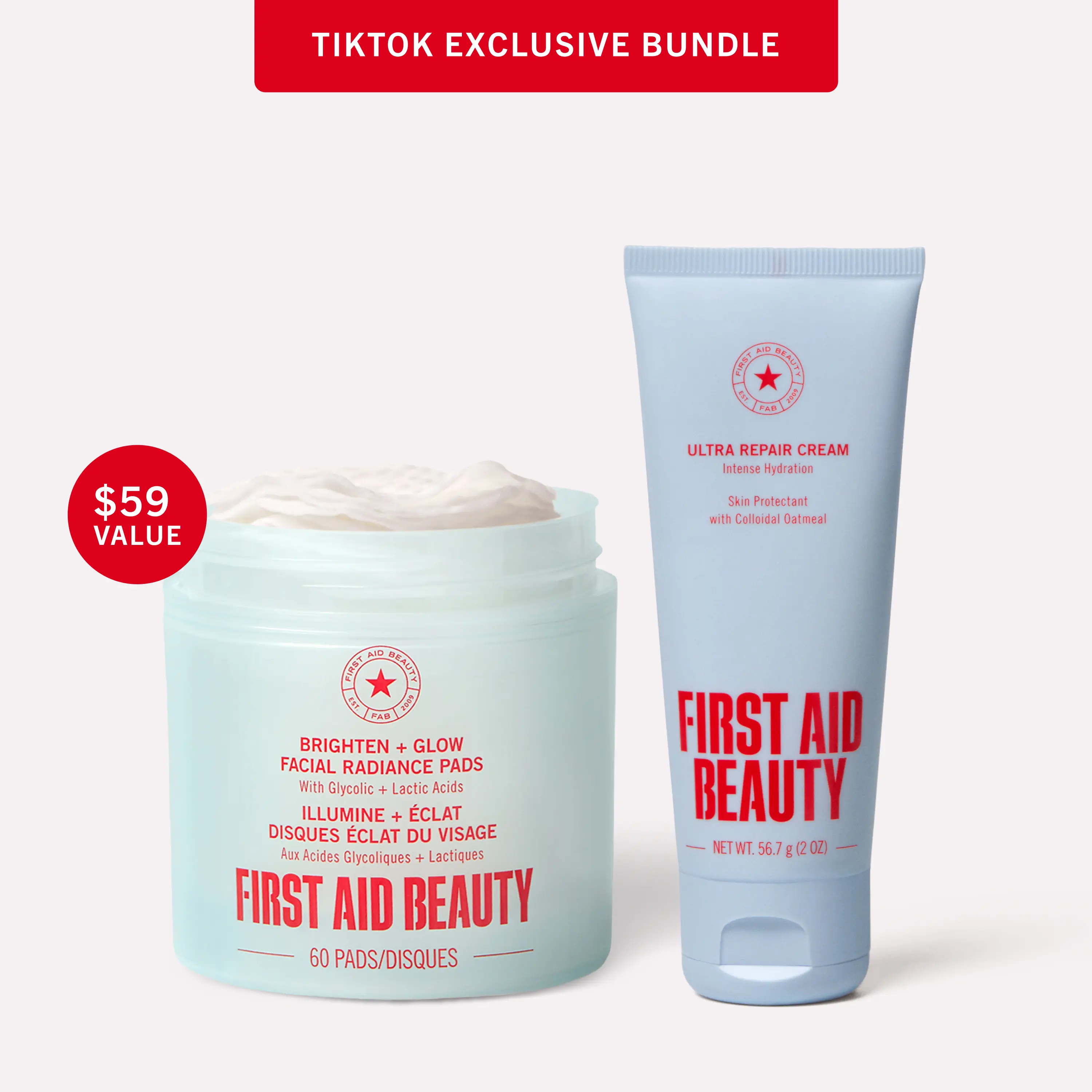 First Aid Beauty TTS Exclusive Bundle: Facial Radiance Pads 60ct & Ultra Repair Cream Moisturizer 2oz