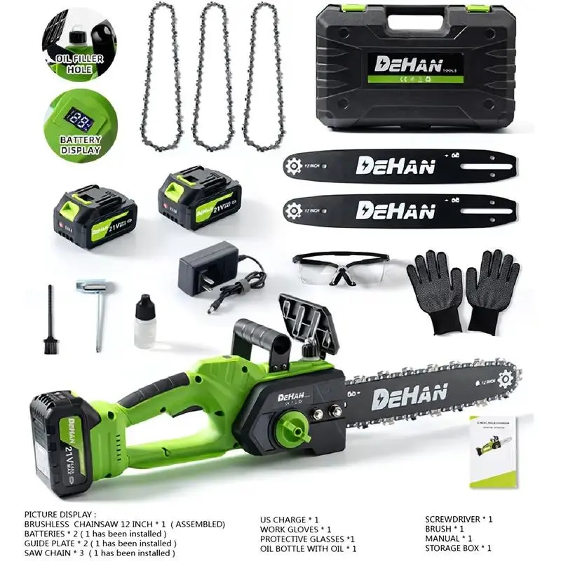Cordless Brushless Battery-Powered Chainsaw Kit (6/8/12 in) – Heavy-Duty Blades, Dual Locks, Ergo Grips, Batteries, Full Tools, Lightweight Garden Saw for Beginners, Ideal for Tree Trimming