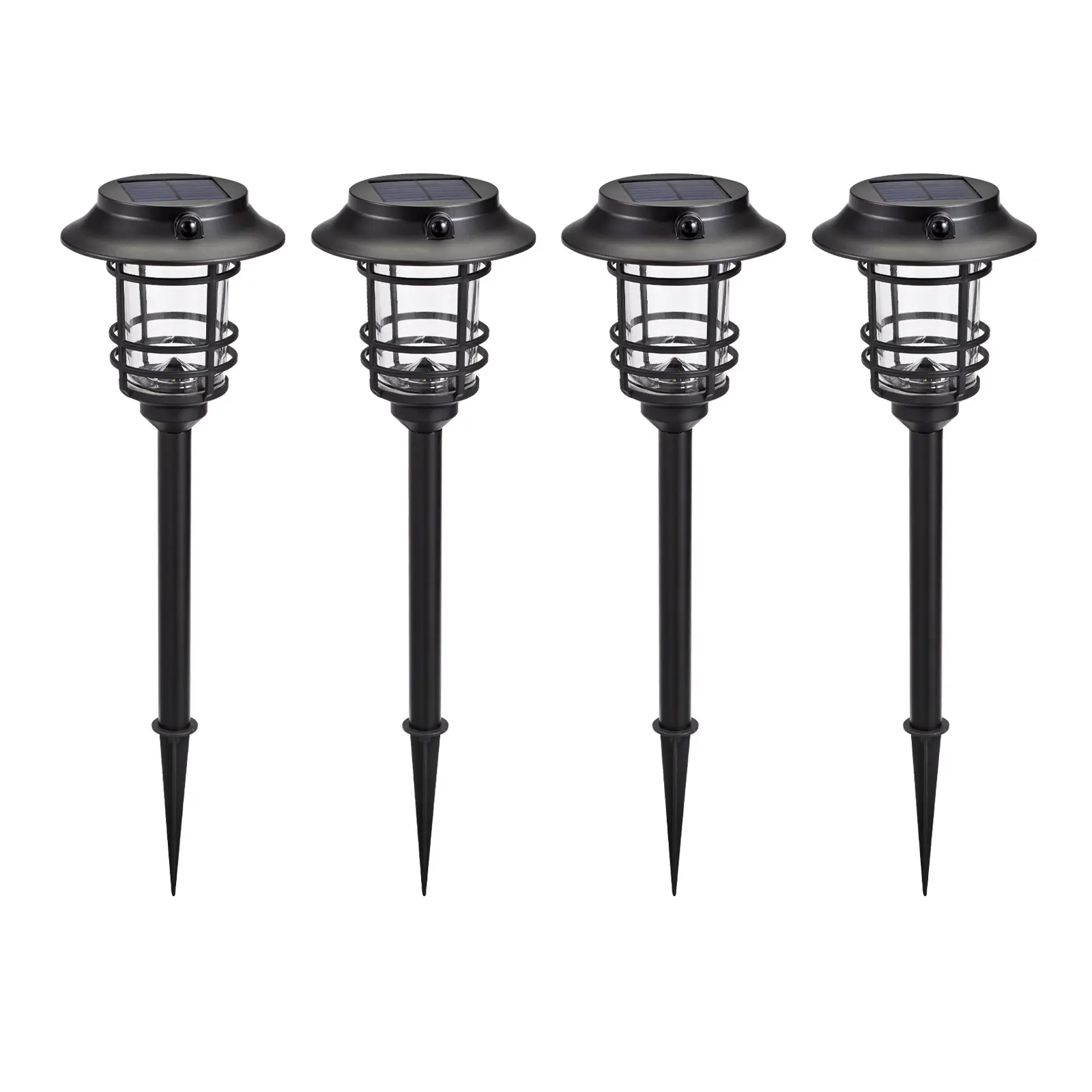 Home Zone Living Secure MESH Linkable Solar Pathway Lights with Motion Sensor, Black Glass Lanterns, Set of 4